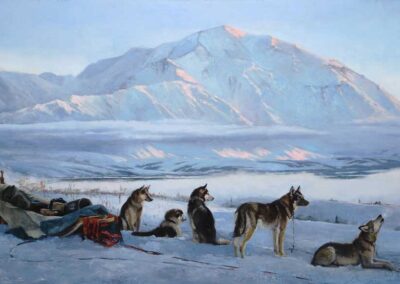 Veryl Goodnight Denali Painting of snow dogs in the snow with a mountain range in background.