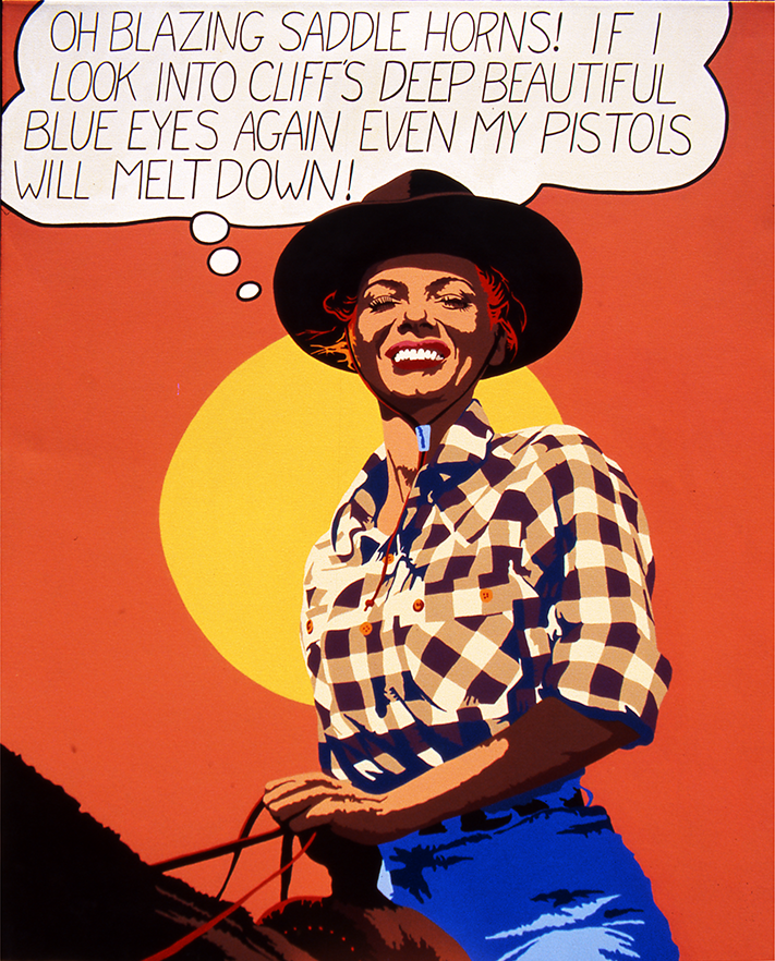 A painting by Billy Schenck of a cowgirl in the pop-art style.